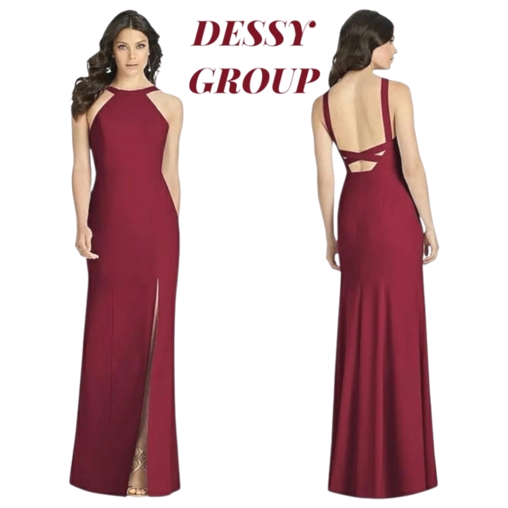 Dessy Collection Burgundy Halter Neck Evening Gown